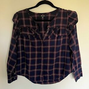*2/$30* Madewell size XS *runs big* navy and burgundy plaid ruffle yoke shirt